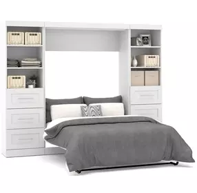 Pur White 109" Full Murphy Bed and 2 Shelving Units with Drawers