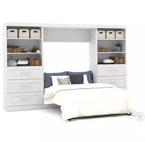 Pur White 131" Full Murphy Bed and 2 Shelving Units with Drawers