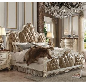 Picardy Butterscotch and Antique Pearl Queen Upholstered Panel Bed with Nailhead Trim