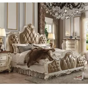 Picardy Butterscotch and Antique Pearl Queen Upholstered Panel Bed with Nailhead Trim