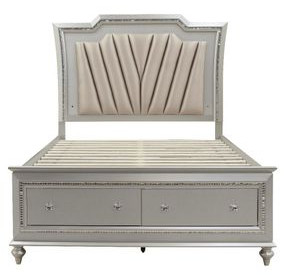 Kaitlyn Gray and Champagne Queen Upholstered Storage Panel Bed with LED