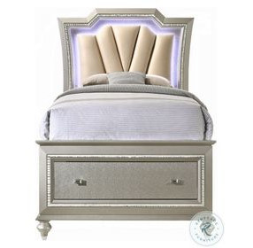 Kaitlyn Synthetic Leather and Champagne Twin Upholstered Storage Bed with LED Lighting