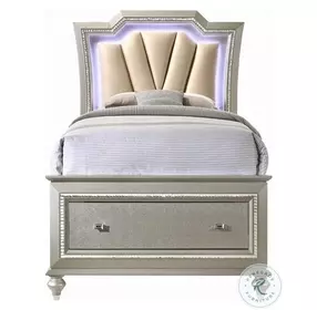 Kaitlyn Synthetic Leather and Champagne Twin Upholstered Storage Bed with LED Lighting