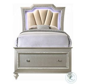 Kaitlyn Synthetic Leather and Champagne Full Upholstered Bed with Storage and LED