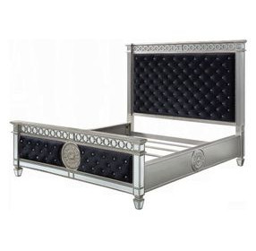 Varian Dark Navy and Silver Queen Upholstered Panel Bed with Nailhead Trim
