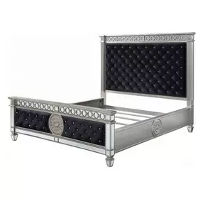 Varian Dark Navy and Silver Queen Upholstered Panel Bed with Nailhead Trim