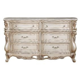 Gorsedd Beige and Golden Ivory 6 Drawer Marble Top Dresser