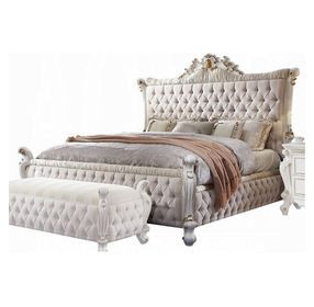Picardy Antique Pearl Queen Upholstered Panel Bed with Nailhead Trim