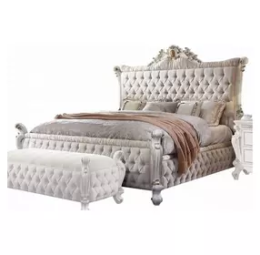 Picardy Antique Pearl Queen Upholstered Panel Bed with Nailhead Trim