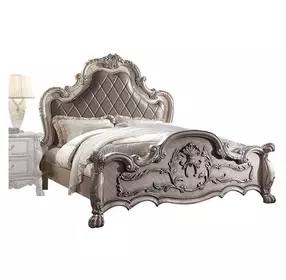 Dresden Vintage Bone White and Gray King Upholstered Panel Bed with Nailhead Trim