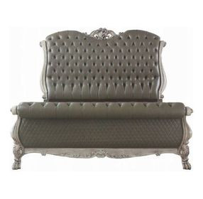 Dresden Vintage Bone White and Gray Queen Upholstered Sleigh Bed with Nailhead Trim