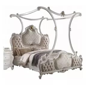 Picardy Beige and Antique Pearl King Upholstered Poster Bed with Nailhead Trim