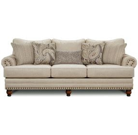 Carys Doe Beige 96" Sofa with Nailhead Trim and Throw Pillows