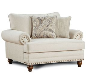 Cary's Doe Beige Upholstered Accent Chair with Nailhead Trim and Throw Pillows
