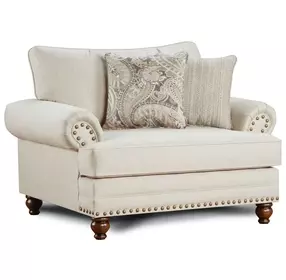 Carys Doe Beige Upholstered Chair and A Half with Pillows and Nailhead Trim
