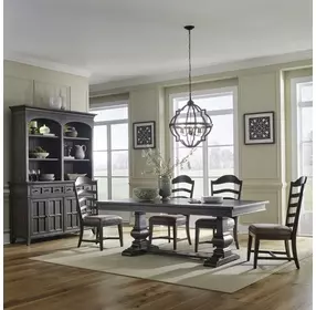 Paradise Valley Saddle Brown and Tobacco Upholstered 5 Extendable Piece Trestle Base Dining Set