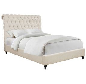 Devon Beige California King Upholstered Panel Bed with Nailhead Trim
