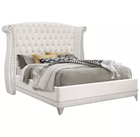 Barzini White California King Upholstered Panel Bed with Nailhead Trim