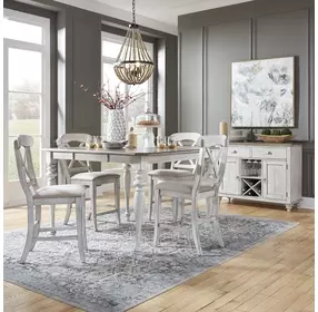 Ocean Isle Antique White and Weathered Pine Upholstered 5 Piece Extendable Gathering Dining Set