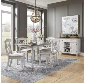 Ocean Isle Antique White and Weathered Pine Upholstered 5 Piece Extendable Rectangular Dining Set