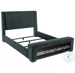 Preston Dark Blue King Upholstered Wingback Panel Bed with Audio Flame Visualizer