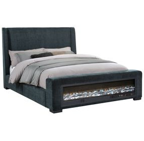 Preston Dark Blue California King Upholstered Platform Bed with Audio Flame Visualizer