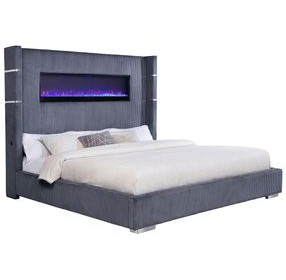 Tisdall Gray King Upholstered Fireplace Panel Bed