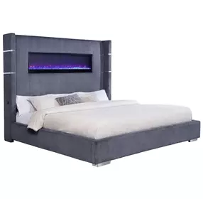Tisdall Gray King Upholstered Fireplace Panel Bed