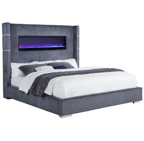Tisdall Gray California King Upholstered Panel Bed with Flame Visualizer