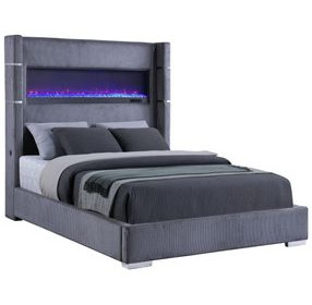 Tisdall Gray Queen Upholstered Fireplace Panel Bed