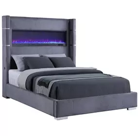 Tisdall Gray Queen Upholstered Fireplace Panel Bed