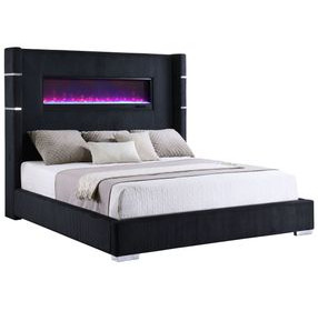 Tisdall Black California King Upholstered Panel Bed with Flame Visualizer