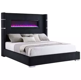 Tisdall Black California King Upholstered Panel Bed with Flame Visualizer