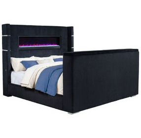 Tisdall Black King Upholstered Panel Bed with USB Charging and Hidden TV Mount