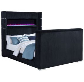Tisdall Black Queen Upholstered Panel Bed with USB Charging and Hidden TV Mount