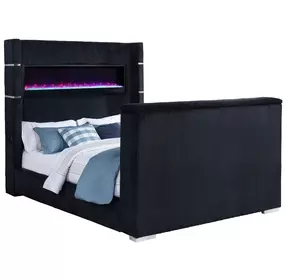 Tisdall Black Queen Upholstered Panel Bed with USB Charging and Hidden TV Mount