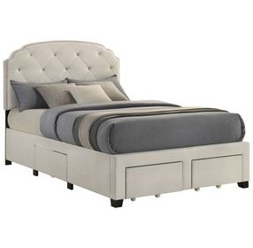 Marianna Cream Full Upholstered Platform Bed with Storage and Nailhead Trim