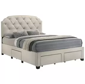 Marianna Cream Queen Upholstered Platform Bed with Storage and Nailhead Trim
