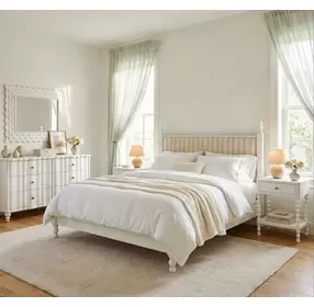 Haven Warm White Upholstered Finial Poster Bedroom Set
