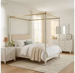 Haven Warm White Upholstered Canopy Poster Bedroom Set