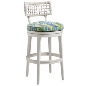 Seabrook Blue and White Upholstered Swivel Outdoor Bar Stool