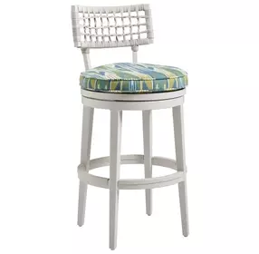 Seabrook Blue and White Upholstered Swivel Outdoor Bar Stool
