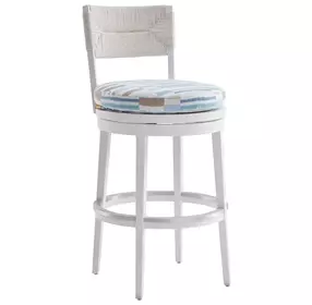 Ocean Breeze Promenade Blue and White Upholstered Outdoor Swivel Bar Stool