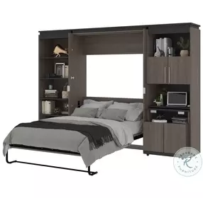 Orion Bark Grey And Graphite 118" Full Murphy Bed With Shelving And Fold Out Desk