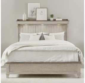 Ivy Hollow Weathered Linen and Dusty Taupe California King Mantle Bed with LED and Nailhead Trim