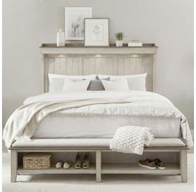 Ivy Hollow Weathered Linen and Dusty Taupe California King Mantle Storage Bed with LED and Nailhead Trim