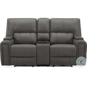 Hudson Coal Leather Triple Power Reclining Console Loveseat with Bluetooth Speakers and Cooler