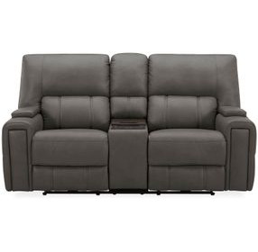 Hudson Coal Leather Power Reclining Console Loveseat with Power Headrest and Lumbar