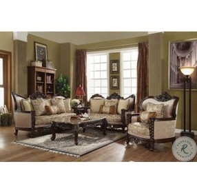 Devayne Fabric and Dark Walnut Living Room Set with 6 Pillows