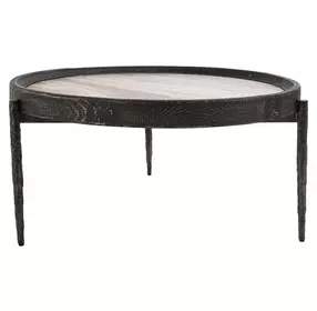 Dakota Weathered Black and Beige Round Travertine Top Coffee Table